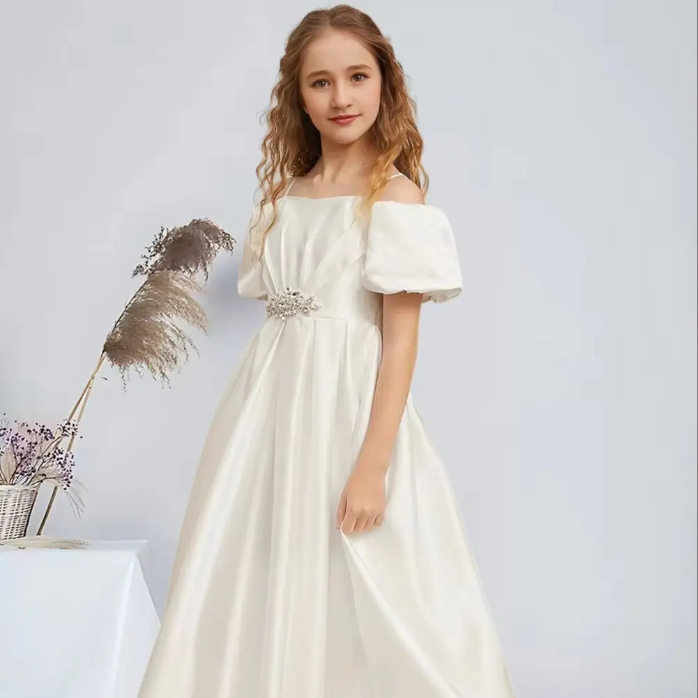 JHG Ball-Gown Princess Cold Shoulder Floor-Length Satin Junior Bridesmaid Dress with Rhinestone Accents Ivory Flower Girl Dress