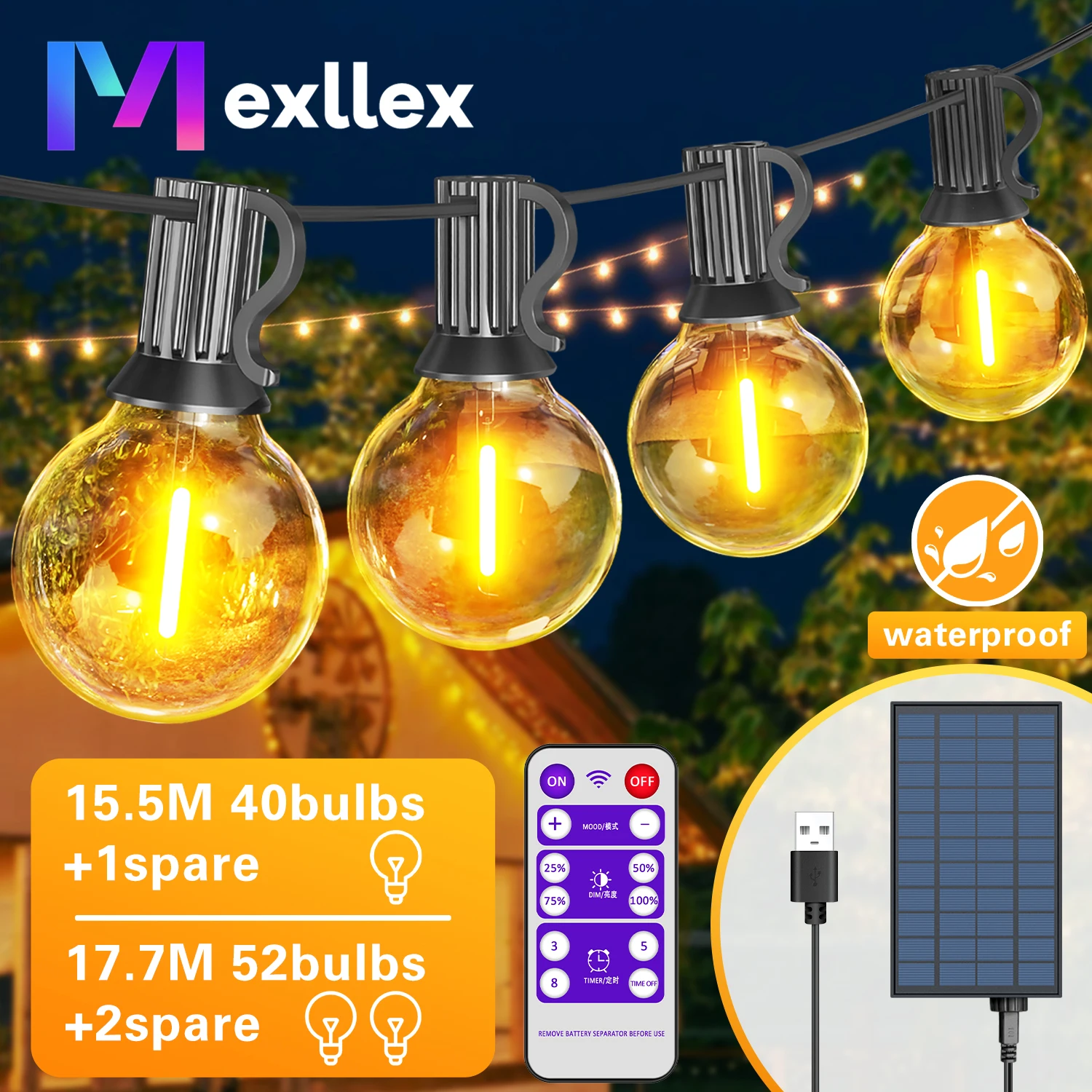 G40 Globe Solar String Lights Outdoor, 8 Light Modes, USB Charge & Remote, Waterproof Plastic Bulbs for Balcony Garland Wedding