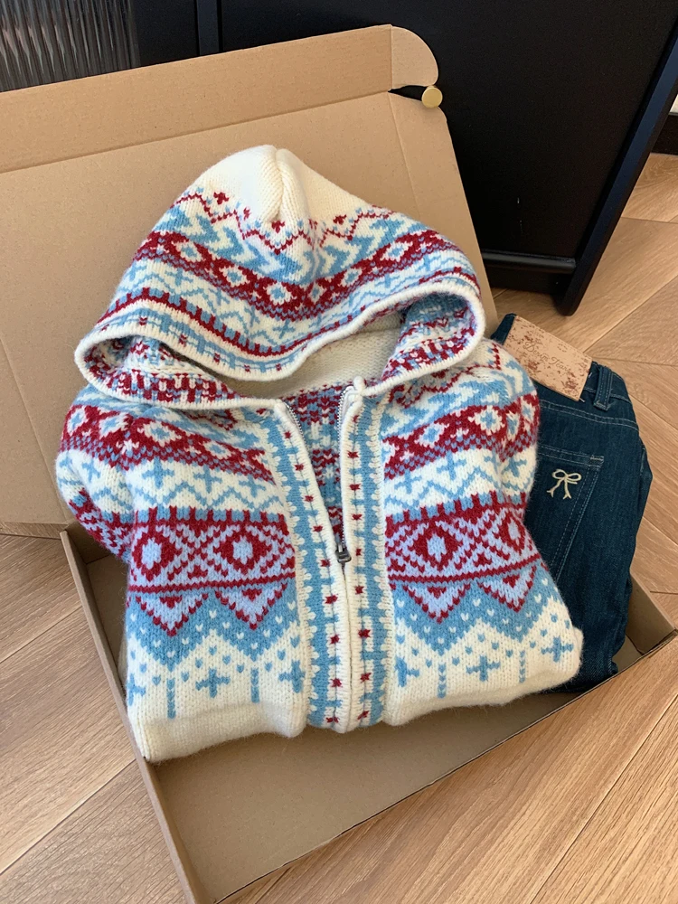 

Вязаный кардиган с капюшоном для женщин: теплая кофта с длинными рукавами в стиле Fair Isle для осени и зимы