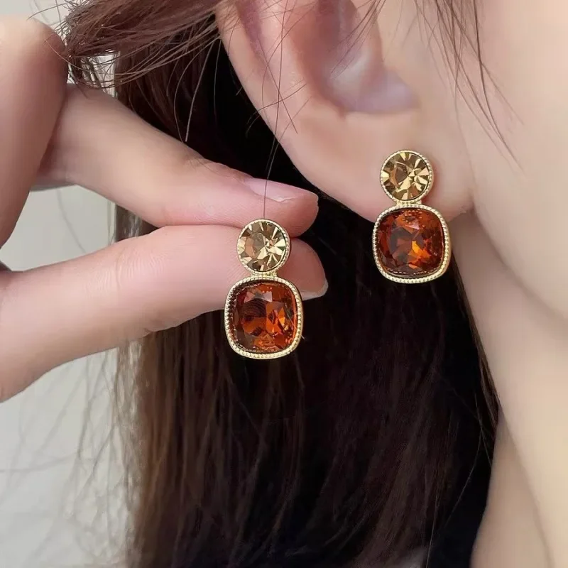 New Sugar Crystal Champagne Black Color Geometry Square Round Drop Earring for Women New Party Jewelry Christmas Girl Gift