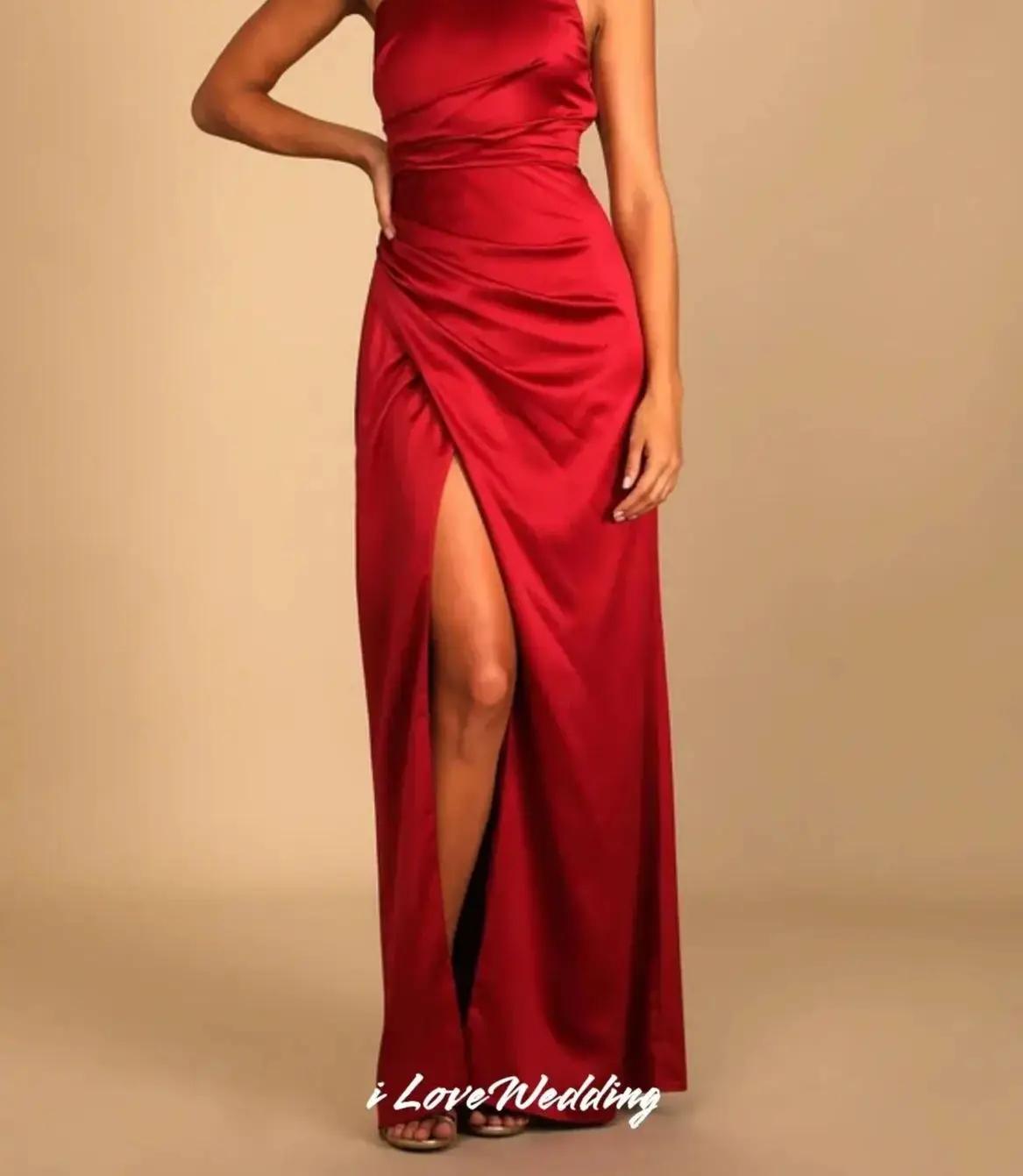 

One shoulder Bridesmaid Dresses Ruched Satin Mermaid Evening Dress Wedding Guest Dress With Side Slit Floor Length Customized