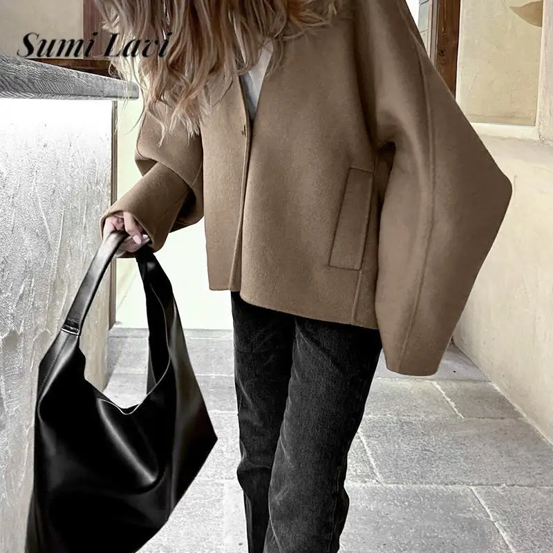 2024 All-match V Neck Solid Color Loose Overcoat Korean Female Single Breasted Short Jackets Autumn Winter Elegant Woolen Coats