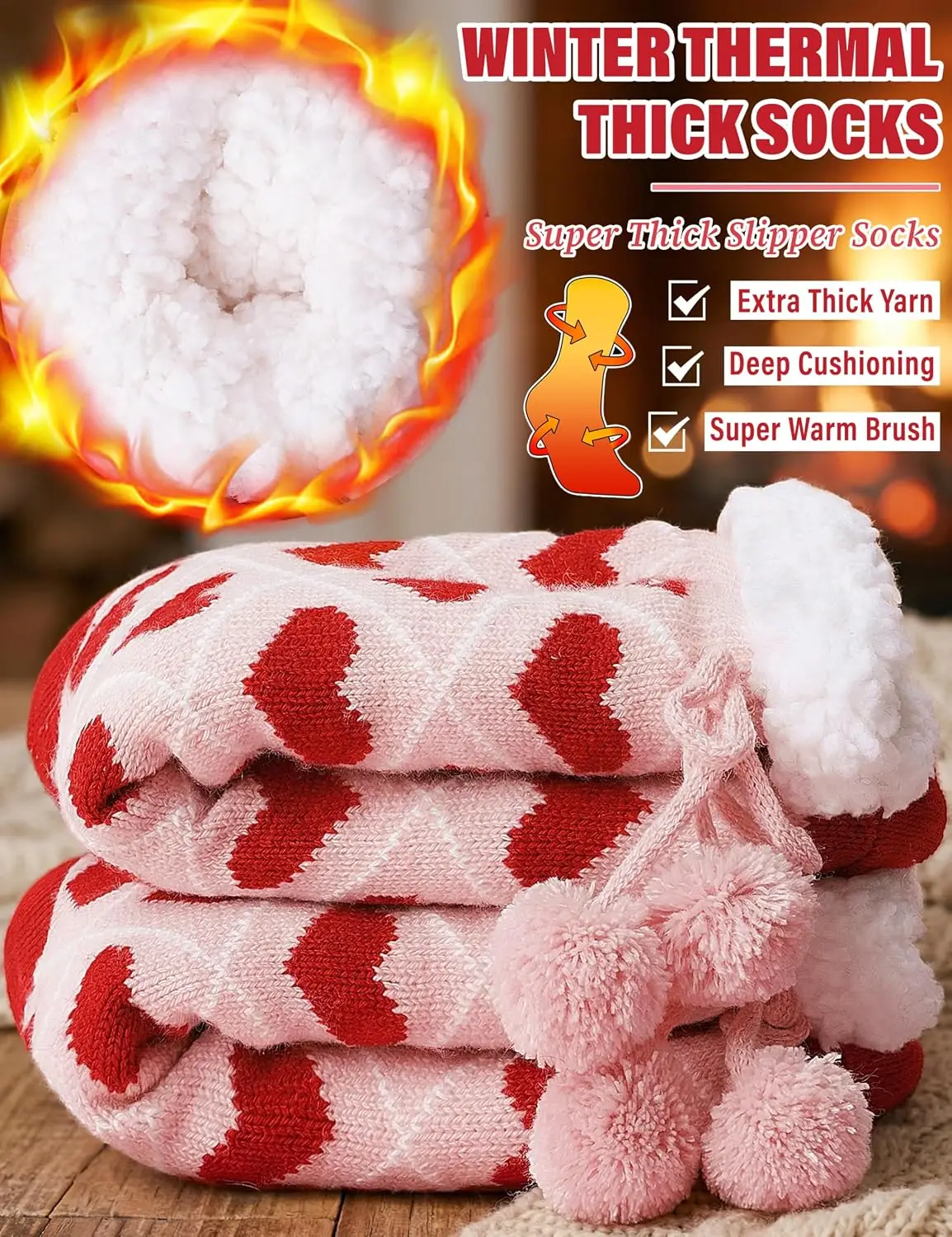 Knitting Womens Slipper Thicken Fuzzy Grips Socks Pink Warm Fluffy Winter Thick Thermal Cozy Plush Socks Socks for Sleeping