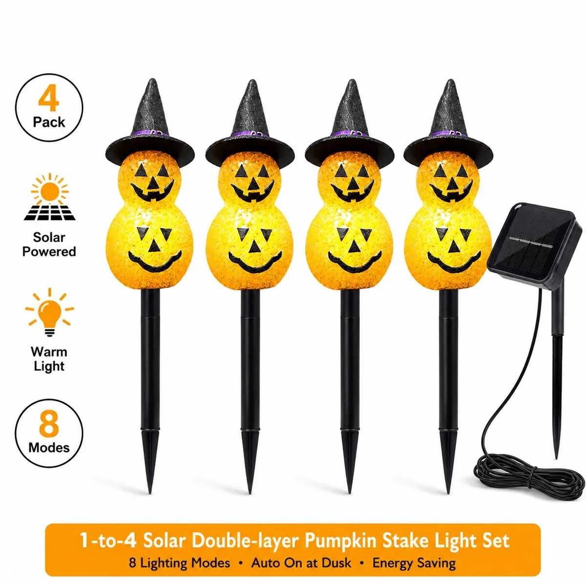 4pcs/set Halloween Solar Pumpkin Stake Lights Outdoor Pathway Lights With Witch Hat Jack-O-Lantern For Garden Yard Lawn Decor
