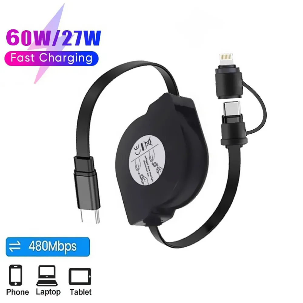 

PD 60W 2 in 1 Retractable Data Cord USB C to Type-c/Lightning Fast Charging & Data Sync for Phone Macbook Switch Tablet and More