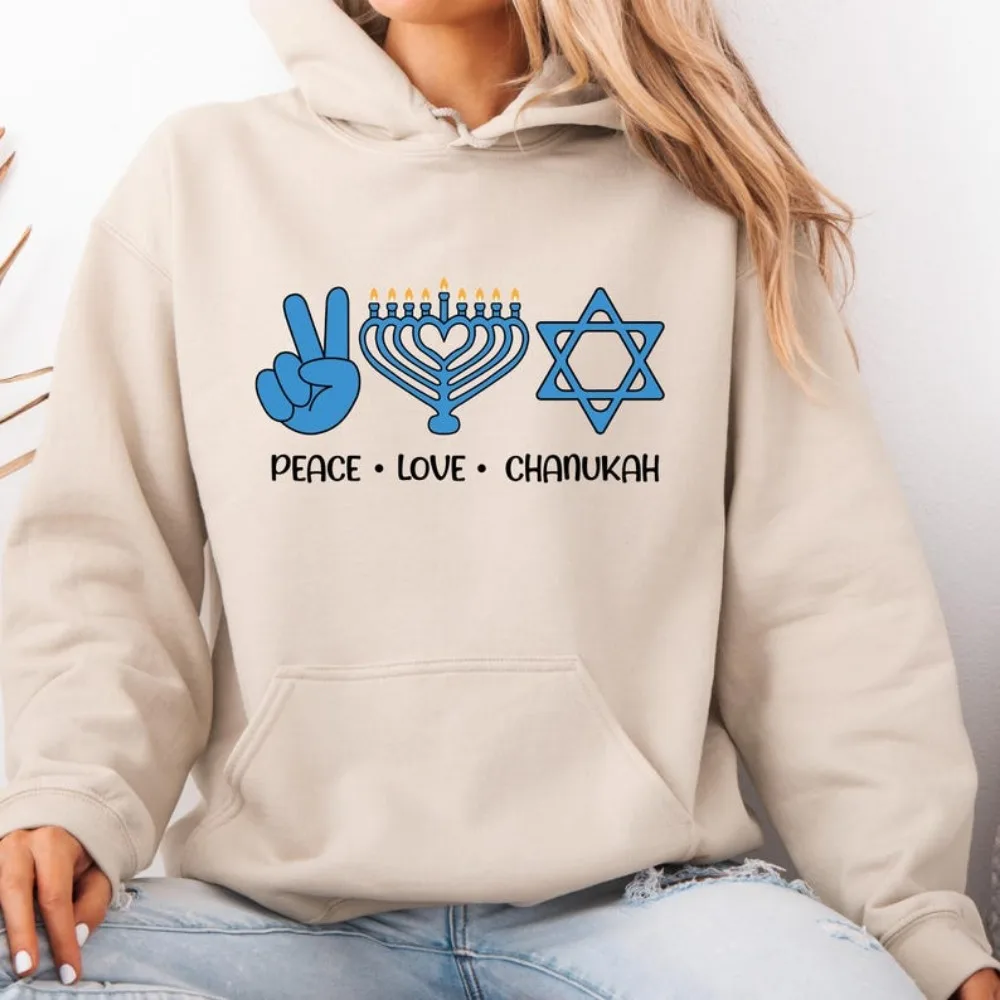 

Женская толстовка унисекс с капюшоном Peace Love Canukah, еврейская одежда на Хануку, наряд шаббата, пуловер с еврейскими символами, креативный стиль