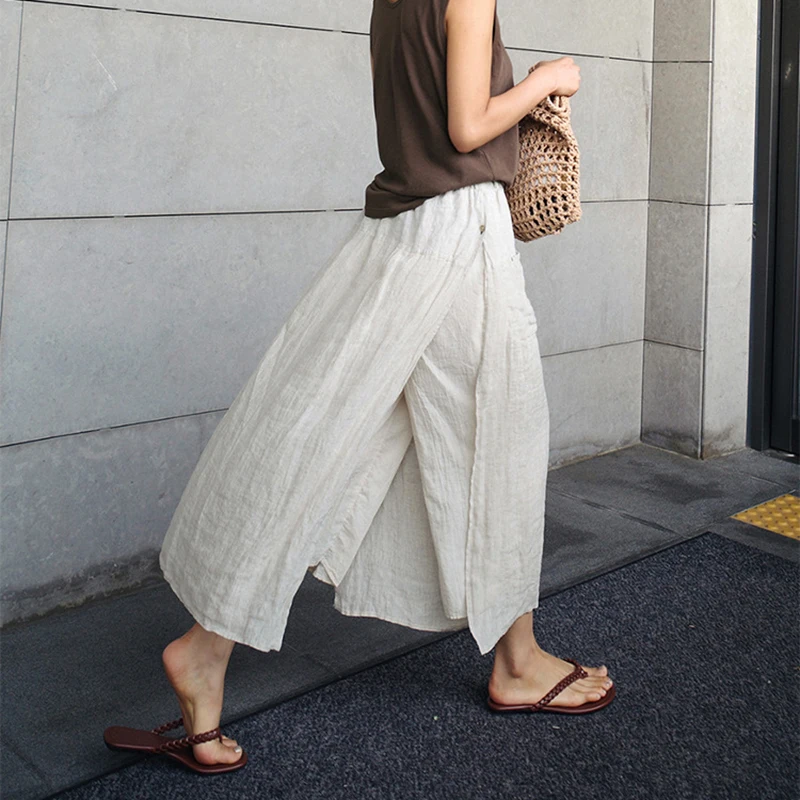 

Women Literary Cotton And Linen Culottes Summer Casual Loose Wide Leg Pants Office Lady Fake Two Piece Wide-leg Pants Skirts