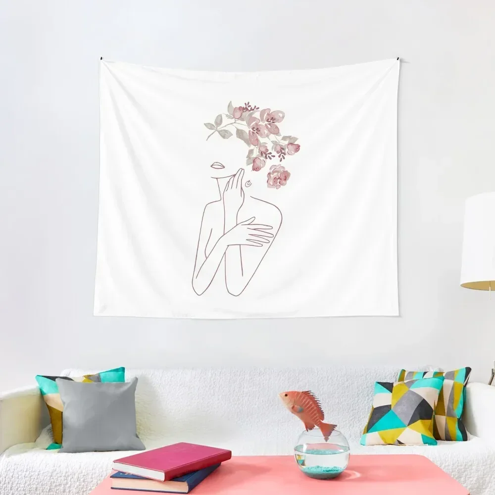 

Minimal Line Art Drawing Woman With Roses Flowers III Tapestry Aesthetic Room Decoration Wall Decorations Tapestry