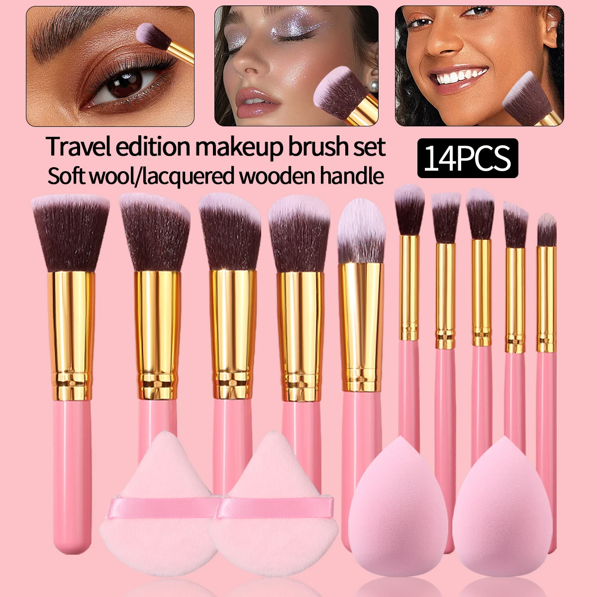 14 STKS High-end multifunctionele losse poederborstel oogschaduwborstel make-upborstelset en zachte driehoekige make-up poederdons