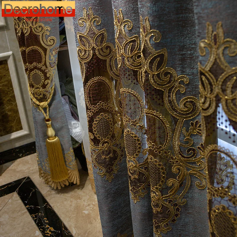Customized Royal Blue Gray Embroidered Window Screen Jacquard Chenille Curtains for Living Room Bedroom French Window Villa