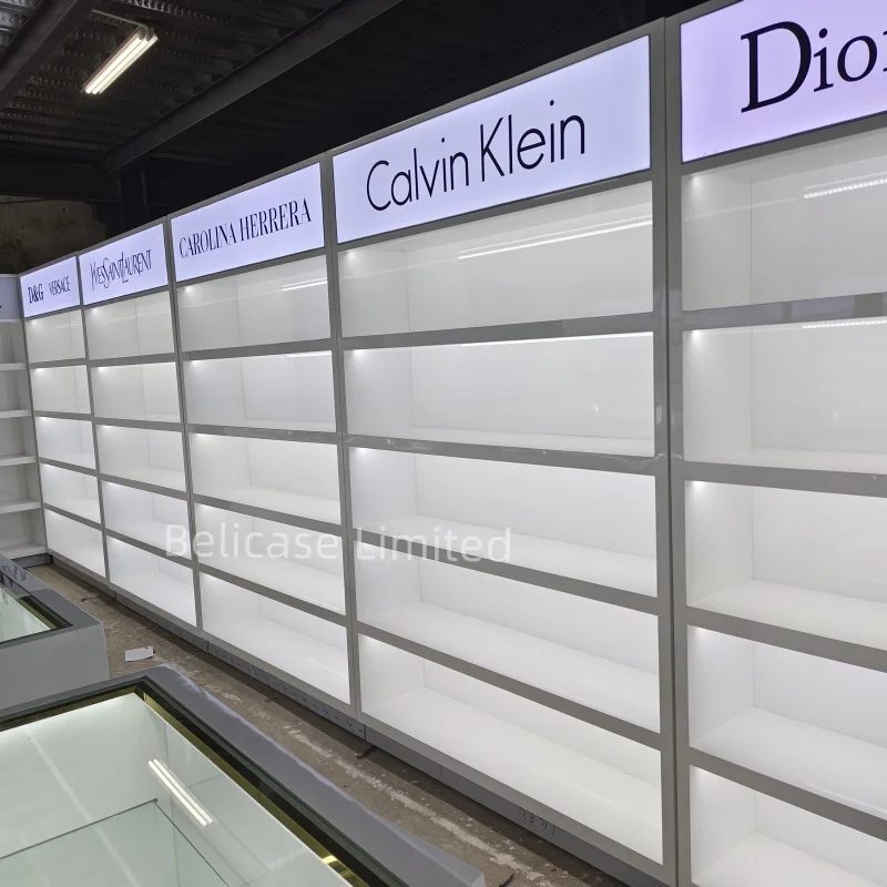 customized.Modern Perfume Store Furniture Design Wooden Perfume Display Showcase Luxury Glass Perfume Display Cabinet