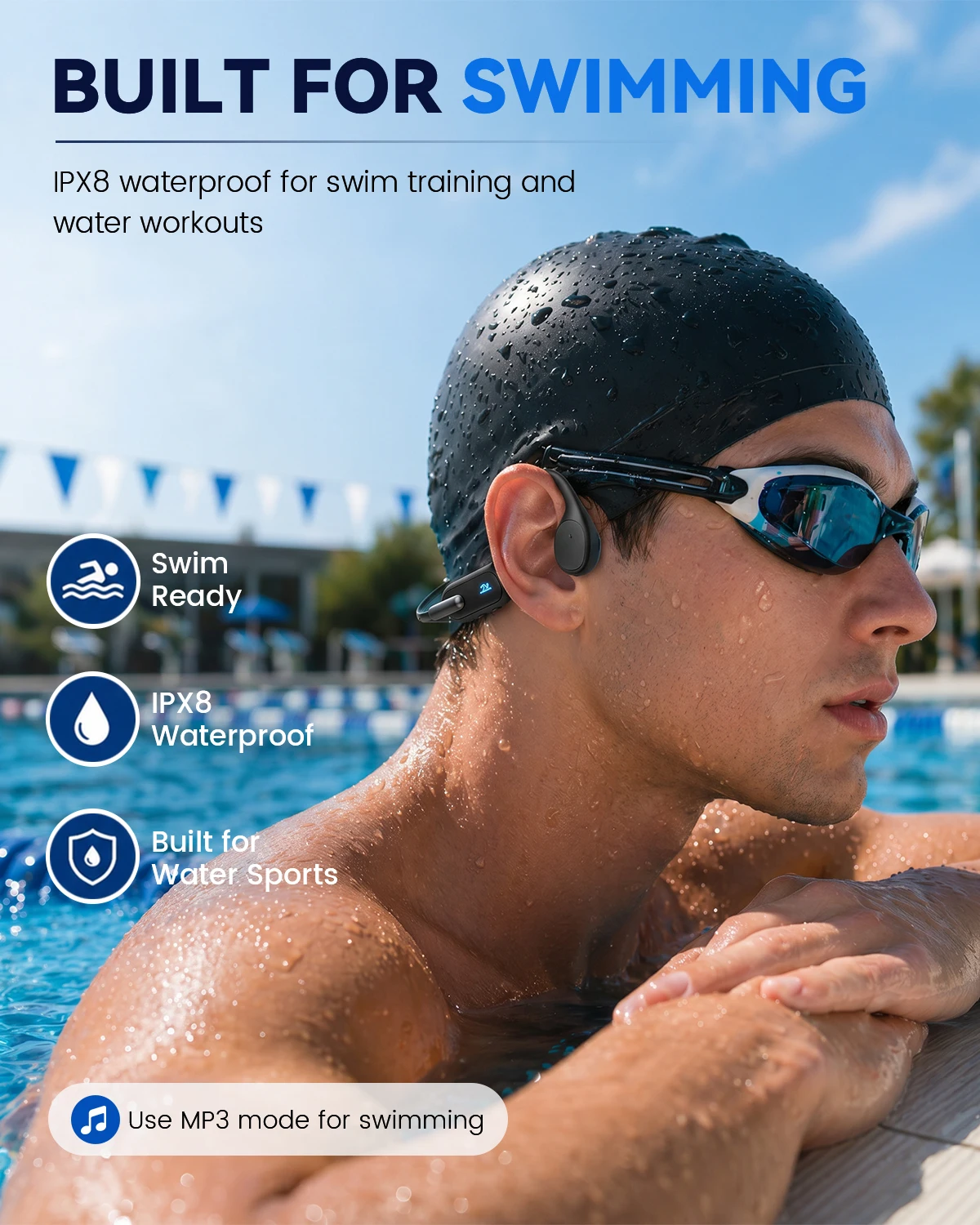 

IPX8 Waterproof MP3 Player for Swimming, 32GB Memory, Bone Conduction Earphones Bluetooth 5.3, Wireless Headphones, Open-Ear