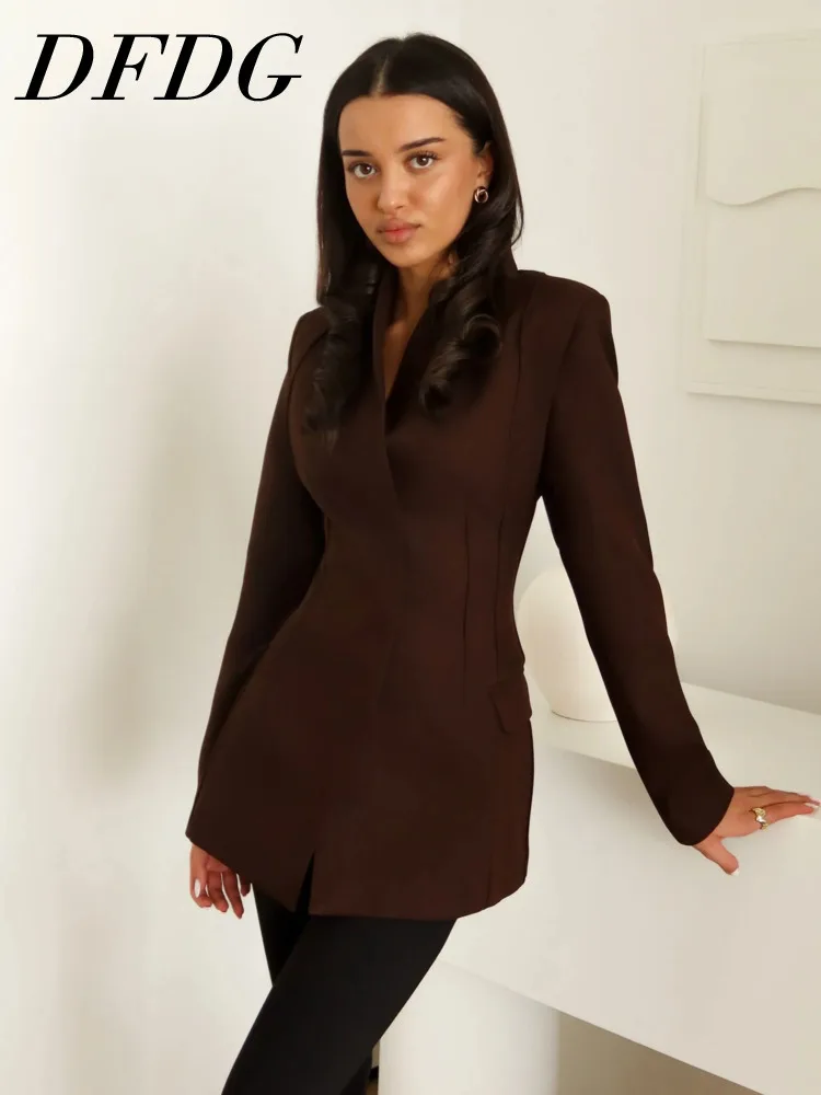 

DFDG Women 2026 Spring Collarless Long Blazer High Waist Tailored Fit Single Breasted Office Work Elegant Casual Outerwear Coat