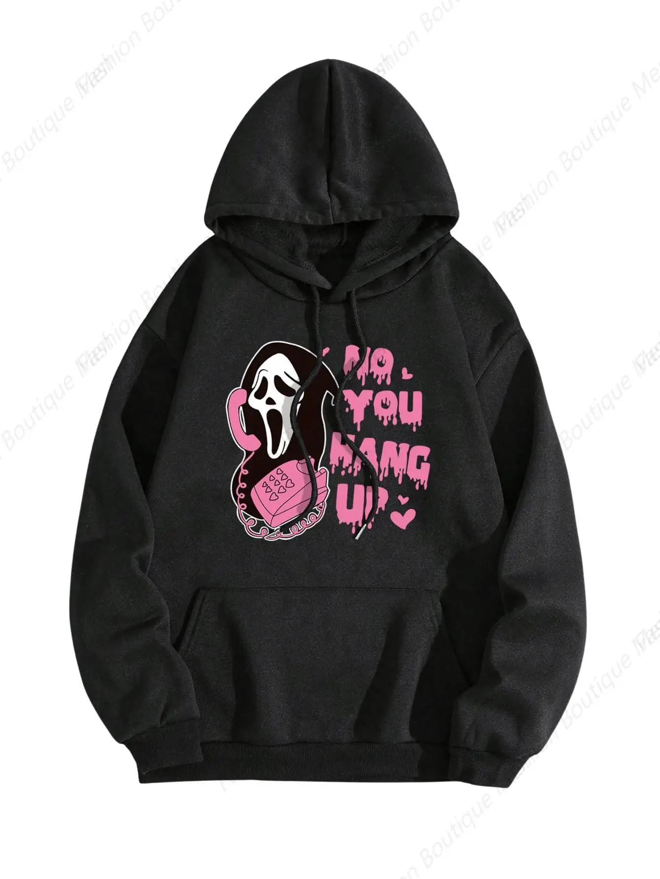 

New High Quality Halloween Slogan Ghost Print Pullover Hoodie Pocket Drop Shoulder Drawstring Sweatshirt Printed Pullover