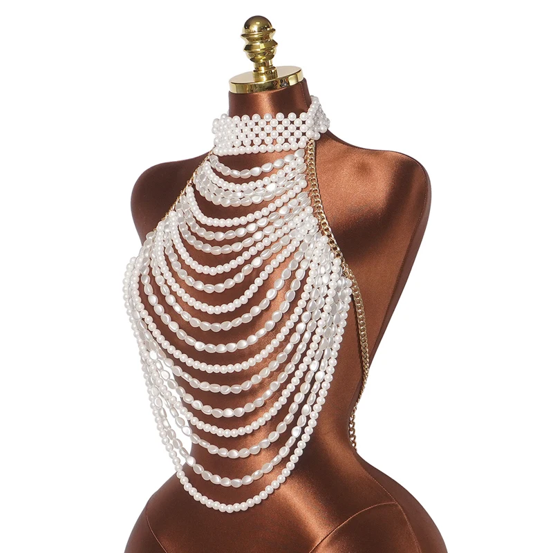 Damen-T-Shirts und Polos, mehrschichtige Perlen-Körperkette, elegante Halskette, Neckholder, für Hochzeit, Party, Abend, Top+женский – Detail 8