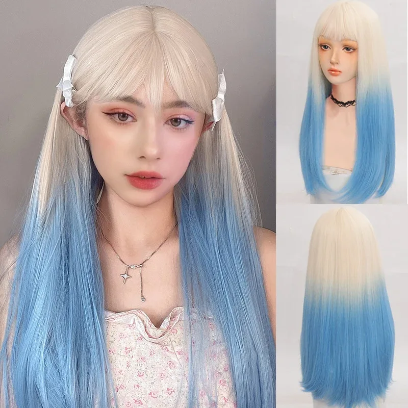 Trendy Pastel Pink Ombre Long Straight Wig | Full Cap Peach Blonde Hairpiece with Blunt Bangs for Teen Girls' Fashion