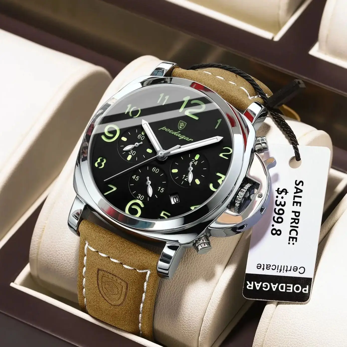 POEDAGAR-Reloj militar de lujo para hombre, resistente al agua, luminoso, de cuero, de cuarzo, deportivo, de alta calidad