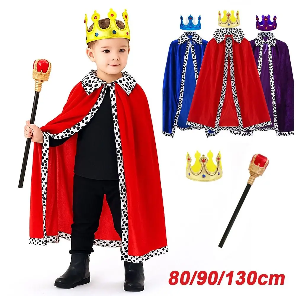 Capa de rey de Halloween de 80/90/130/150cm, vestido de terciopelo rojo, bata de Príncipe para niños y adultos, chal blanco manchado, vestido de Cosplay para actuación