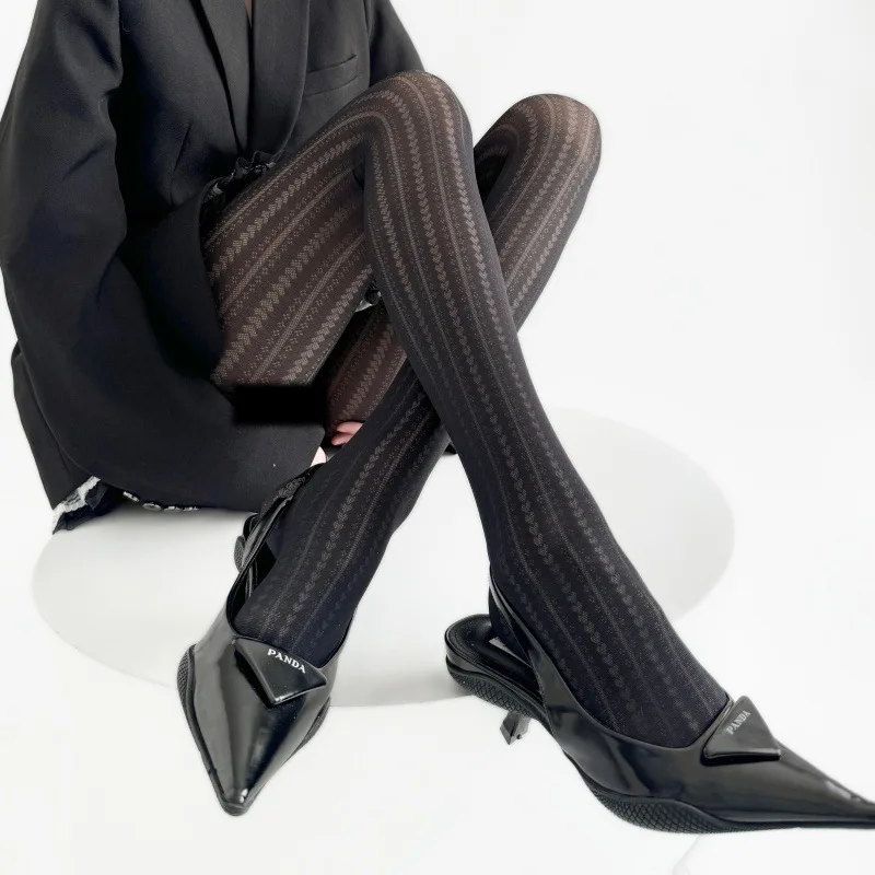 Dark Alt Style Vertical Striped Heart Patchwork Sheer Stockings JK Jacquard Tights Thin Cream Slim Fit Women Fashion Hosiery