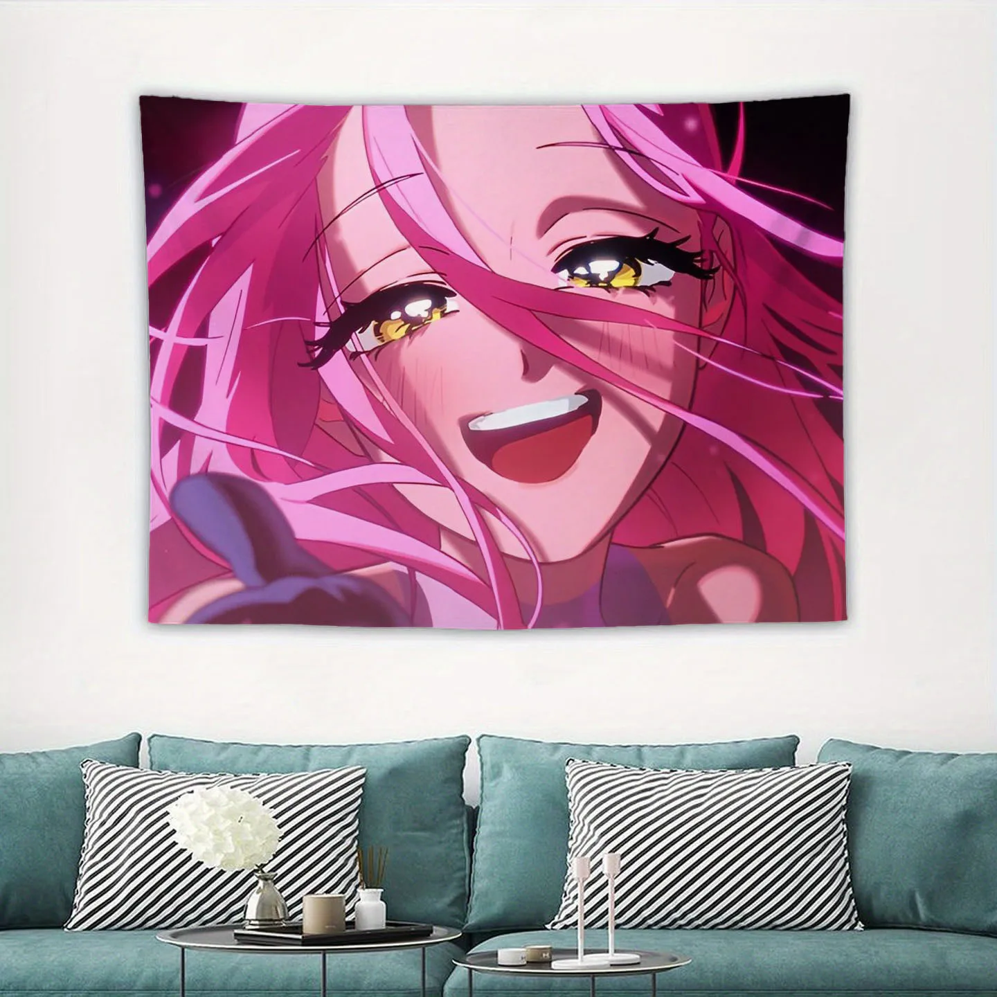 Original Hand Drawn Pink Long Hair Anime Girl Close Up Wall Tapestry, Bright Yellow Eyes Smiling Cartoon Female Portrait Wall Ha