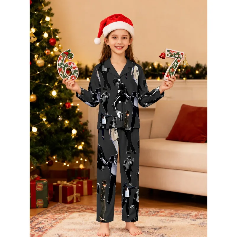 Girls Lapel Pajama Set Long Sleeve Nightwear, Assorted MJ Portrait & Silhouette Prints, Perfect Birthday Xmas Gift