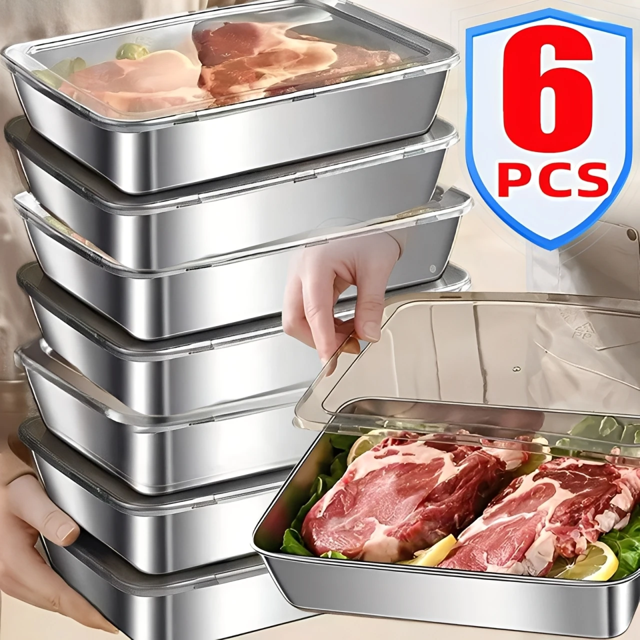 Edelstahl-Aufbewahrungsbehälter für Lebensmittel, rechteckige Schale mit Deckel, Nudeln, Obsttablett, Lunchbox, dicker Kühlschrank-Organizer-Teller