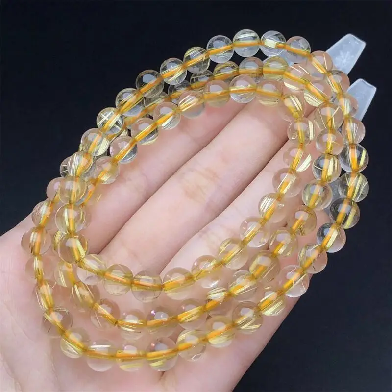 6.5MM Natural Golden Rutilated Quartz Triple Circle Bracelet Handmade Stretch Rope Luxury Jewelry Energy Healing Gift 1PCS