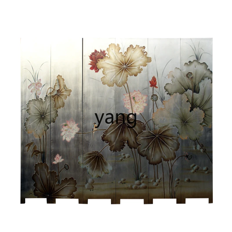 LMM Chinese Lotus Bird Paillette Screen Hand Painted Folding Decorative Lacquer Painting Partition Background Wall