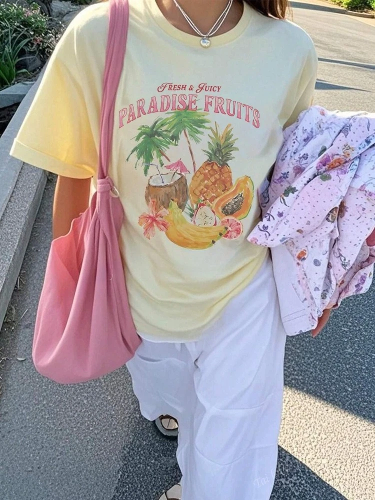 Camisetas minimalistas con estampado de frutas tropicales, camiseta estética de manga corta, camisetas Retro de algodón para mujer, camisetas bonitas de algodón para mujer