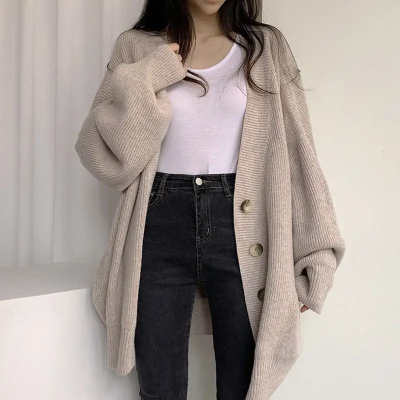 S-3XL Cardigan Women Students Baggy Chic Tender Solid Leisure Lantern Sleeve Simple Outwear Autumn Preppy Knitting Retro Elegant