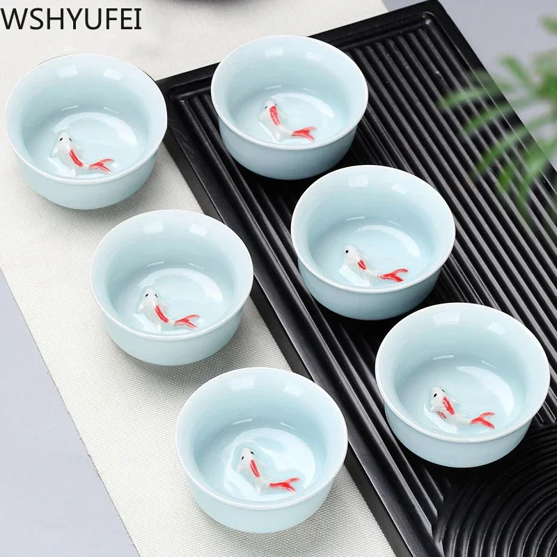 6 pcs/lot  Tea set Small Tea Cup Ceramic Tea Set Household Single Cup Master Blue and White Porcelain Tea Celadon Gift Box