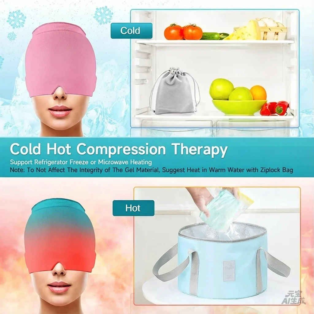 Migraine Relief Cap, 3D Gel Ice Head Wrap for Tension & Sinus Pain, Reusable Cold Compress Therapy Mask with Flexible Ice Pack