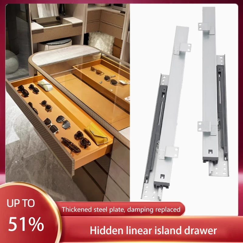 

Island Drawer Three-Section Damping Buffer Bottom Mounted Linear Jewelry Cabinet Track Display Cabinet Hidden Pull Linear Slide
