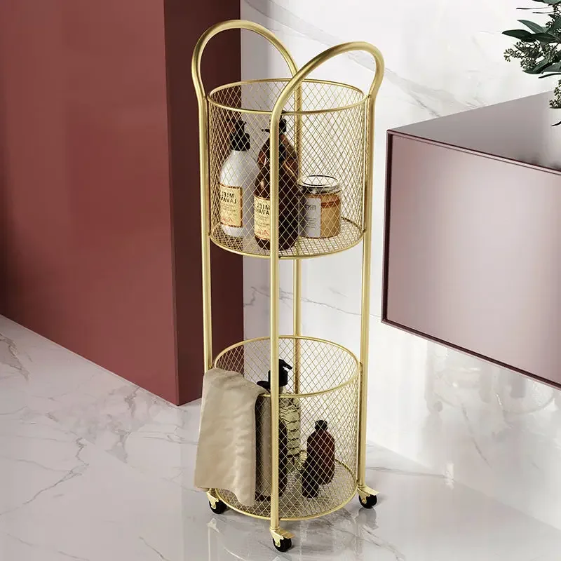 Nordic Bathroom Racks Floor-standing Iron Art Wheeled Trolley Living Room Gold Light Luxury Storage Rack Two-layer Storage Shelf