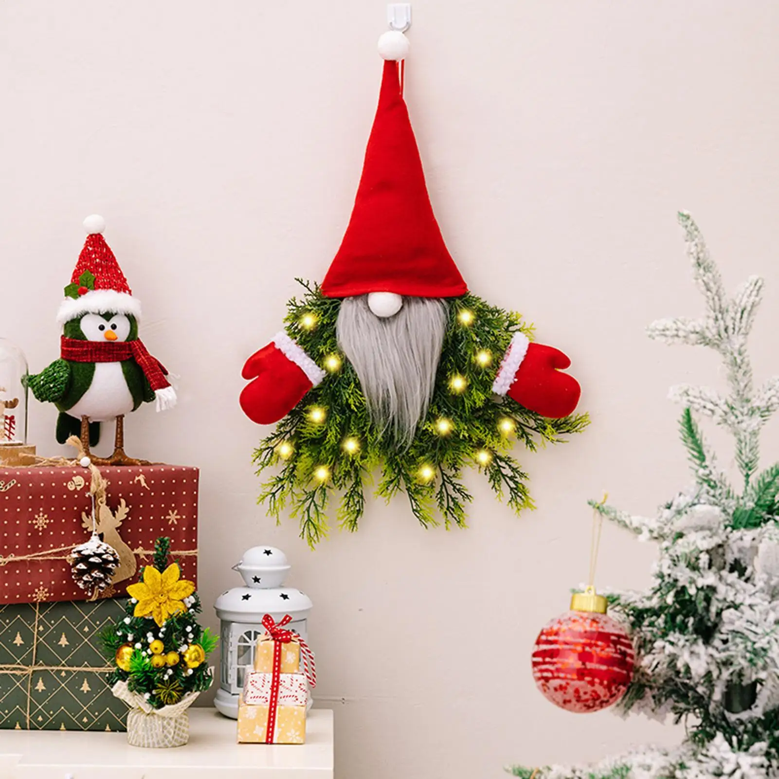 

Outdoor Christmas Wreath with LED Lights Home Decor Gnome Winter Wreath Holiday Decor for Indoor Window Fireplace Shelf Bedroom