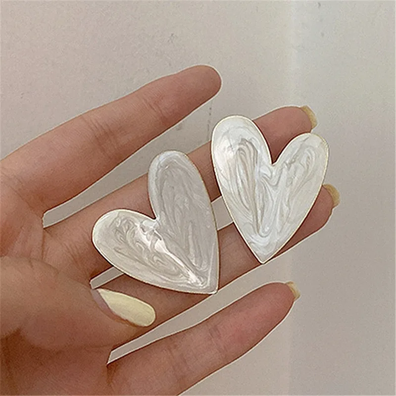 White Color Big Heart Stud Earrings for Women Girl Korean Love Drop Glaze Aesthetic Daily Life Minimalist Jewelry Piercing Ear image 2