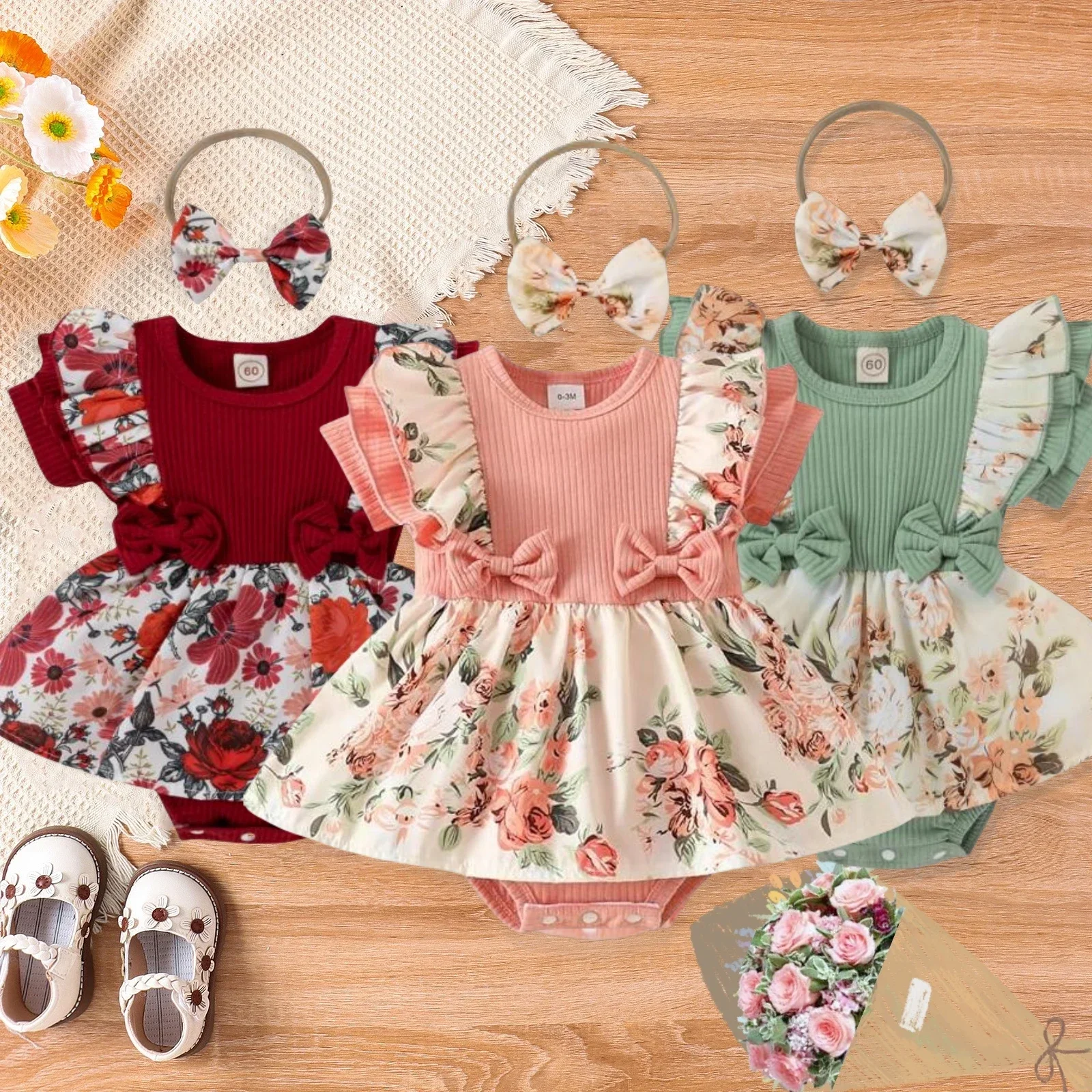 Summer Dress With Bowknot headband Striped Jumpsuit Cotton Dress For Floral Clothes Crawling Clothes 2