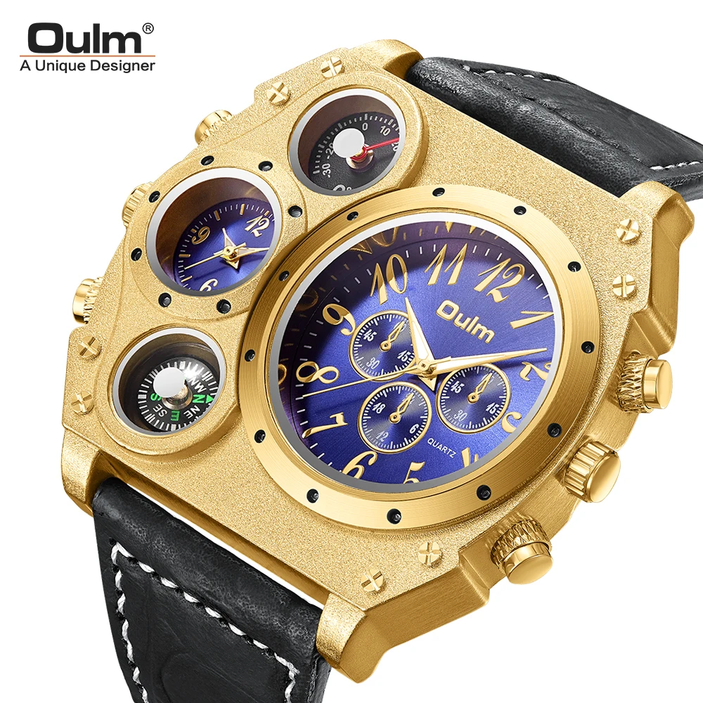 Oulm Large Dial Men Watches Luxury Brand Male Quartz Watch Big Size Men's Two Time Zone Leather Sport Wristwatches