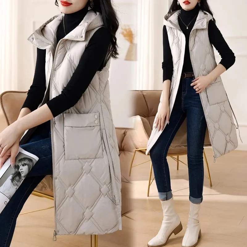 Autumn Winter Women Sleeveless Waistcoat Warm Puffer Jacket Ultra Light Mid Long Down Cotton Vest New Female Outwear Casual Tops