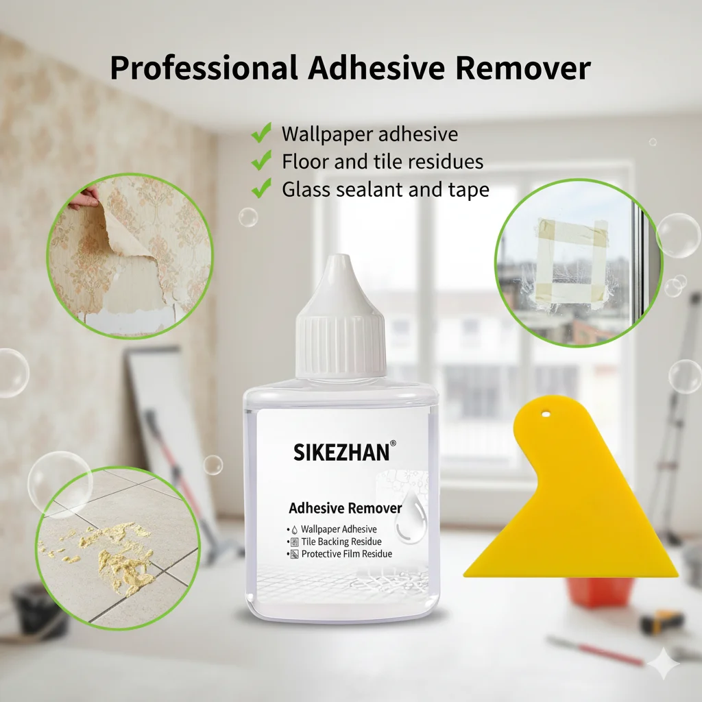 Heavy-Duty Adhesive Remover: Wallpaper Glue, Floor Glue (acrylic/PSA), Tile-back Residue, Silicone/caulk, Door/window Film Marks
