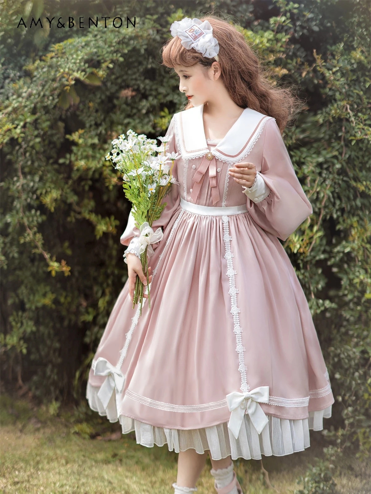 

Japanese Sweet Cute OP Long Sleeve Dresses Daily Lolita Dress for Women Preppy Style Doll Collar Lantern Sleeve Slim Midi Dress