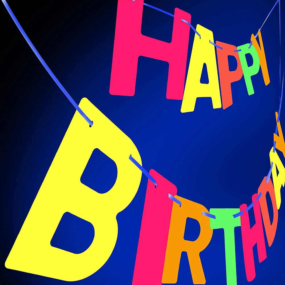 Neon Glücklich Geburtstag Banner Blacklight Partei Liefert Glow in The Dark Geburtstag Banner Schwarz Licht Reaktiven UV Party Zubehör – Detail 2