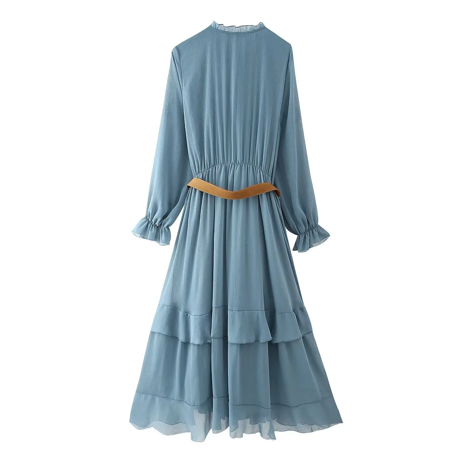 Womens Summer Fashion Pleated Belt Laminated Trimmed Maxi Dress Women Bow Tie Lace Up Layered High Street Dress TRAF