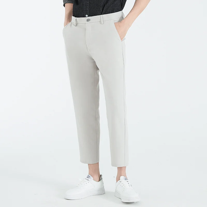 High End Fashion Korean Casual Straight Cropped Pants Men\'s Solid Patchwork Button Zipper Pocket Trendy Loose Simple Trousers