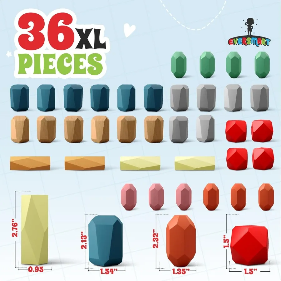36 قطعة كتل التراص الخشبية ألعاب مونتيوري للأطفال الصغار بعمر 2 3 4 5 6 سنوات وصخور XL لا خطر الاختناق الجذعية الحسية Buildi