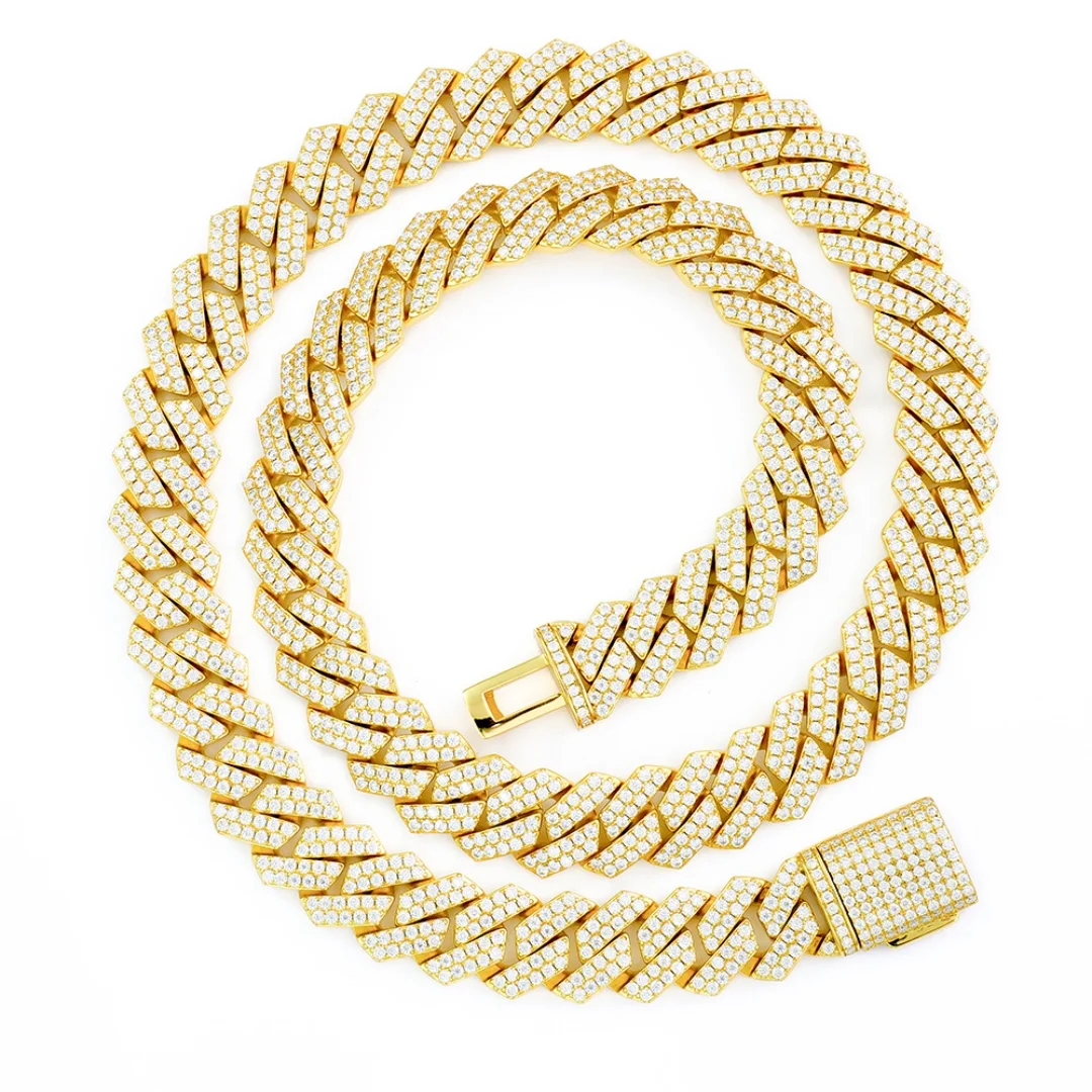 Xingyue Hiphop Men 14mm 18-Inch Sterling Silver Gold Plated Brilliant Cut Moissanite Claw Setting Four-leaf Clover Necklace，