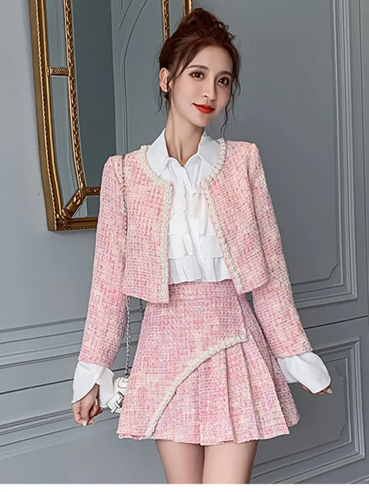 New Blue Tweed Two Piece set Women Short Beaded Jacket + Pleated A-line Skirt Set Casual Chiffon Shirt Plaid Woolen 3 Piece Sets