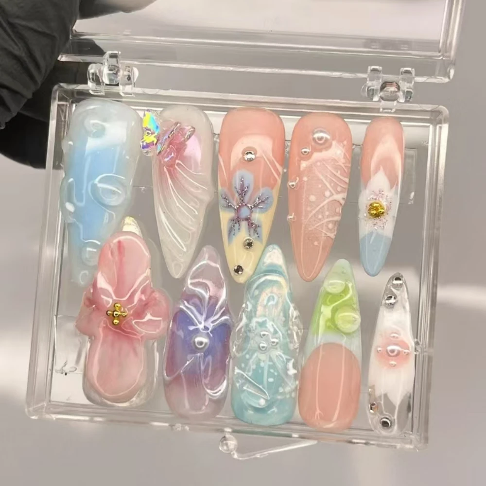 10Pcs Handmade Manicure Long Almond Fake Nails Cute 3D Flower 2024 New Nails Press On Nails Design with Adhesive Nail File Set