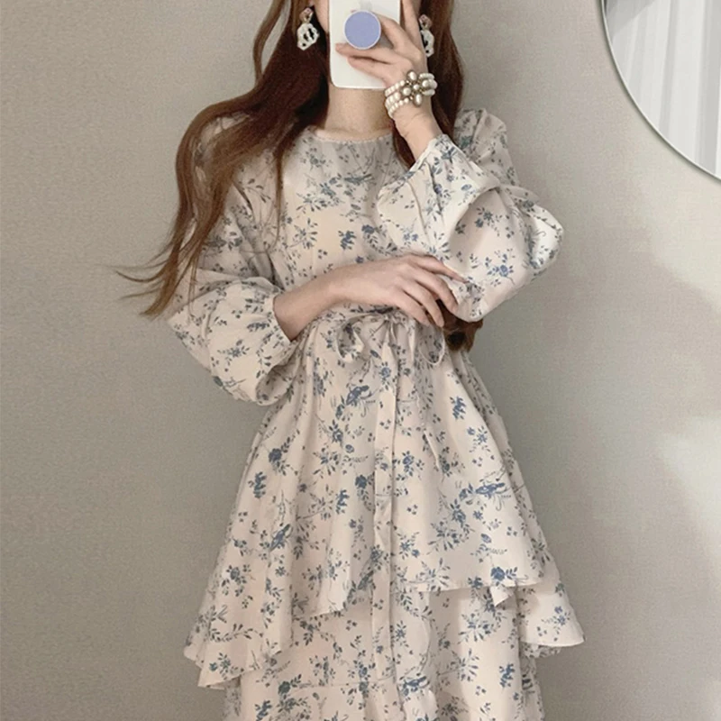 Bohemian Floral Print Dresses Women Fashion Korean Puff Sleeve Midi Dress Elegant Belted Layered Ruffled Hem Vestidos