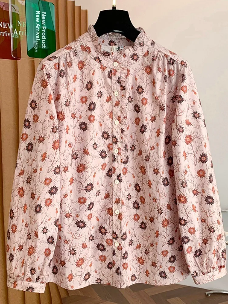 

Retro Floral Pure Cotton Long Sve irt Women's Spring Youthful Lace Collar Slimming Outerwear irt Artistic Loose Fit